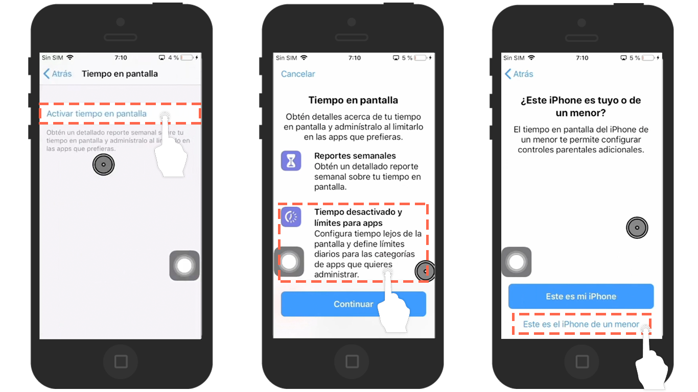 Pasos 3, 4 y 5 de cómo activar control parental en un iPhone.